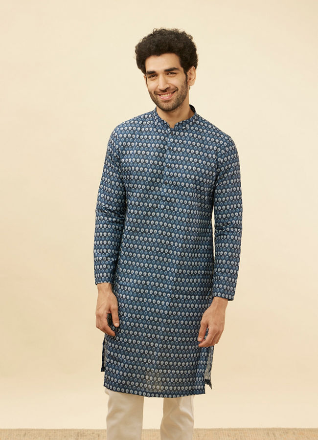 alt message - Manyavar Men Deep Blue Floral Buta Printed Kurta image number 0